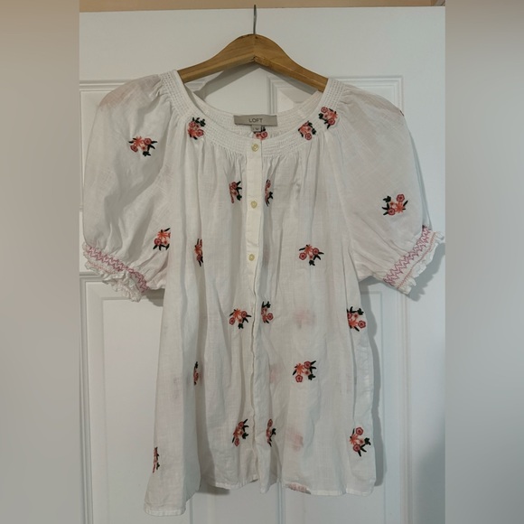 Loft Size:L White Floral Embroidered Blouse - Picture 1 of 6